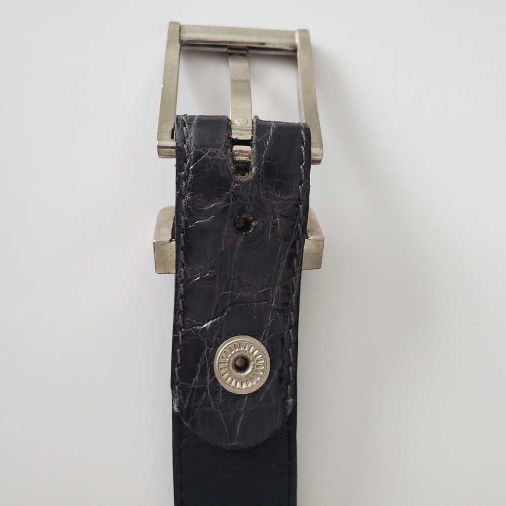 PERRY ELLIS Women's Black Leather Croc Belt Silvertone Square Buckle Distressed - Picture 7 of 8